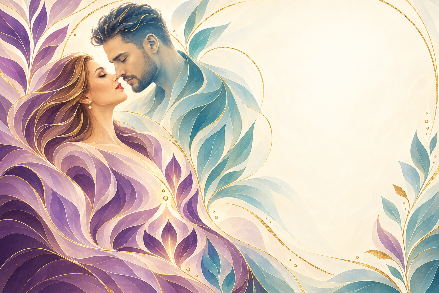Sara y Aldrich ilustrados entre formas moradas, turquesas y trazos dorados
